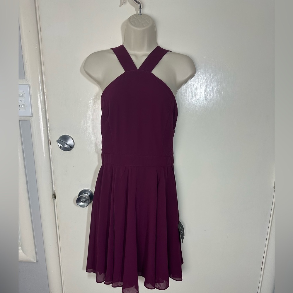 Lulu's Plum Cross-Strap Pleated Mini Dress
